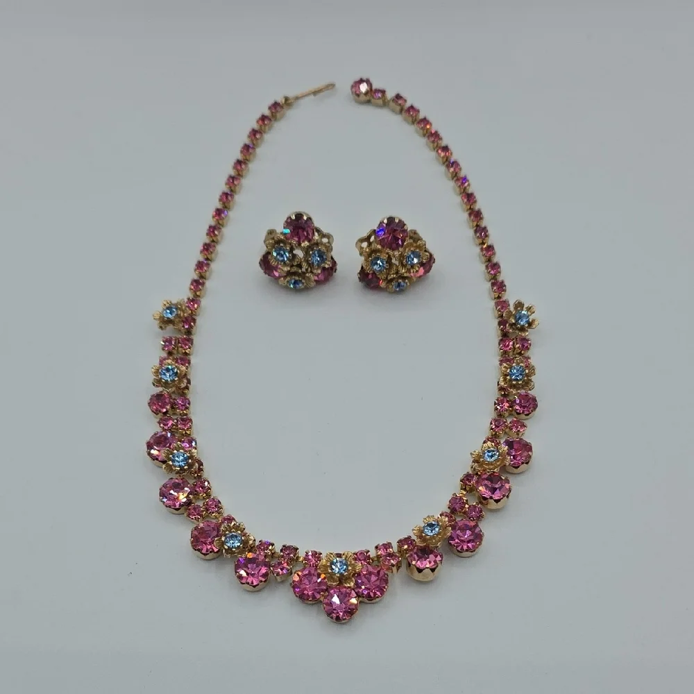 Elegant Pink and Blue Floral Necklace and Earring Set